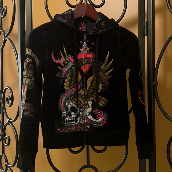 Ed Hardy Jackets & Blazers - ED HARDY New York City Velour Hoodie *Rare and Vintage